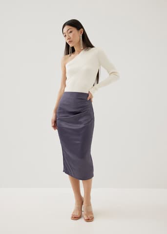 Ninda Satin Pleated Column Midi Skirt