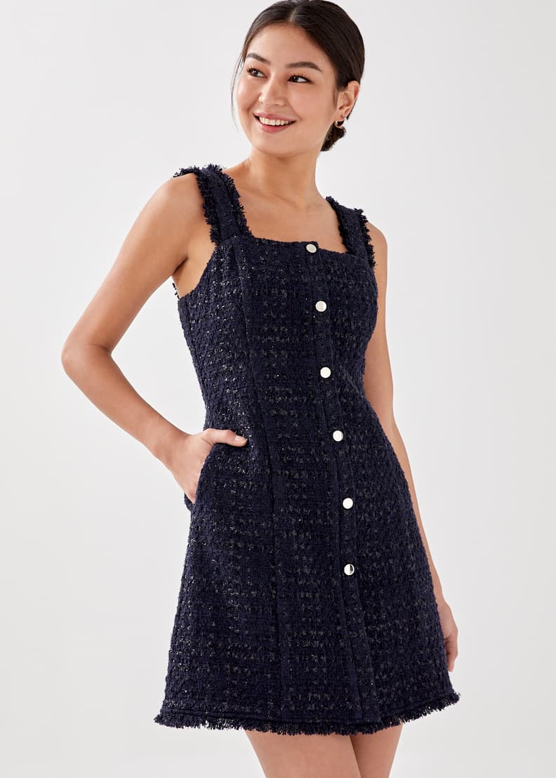 Classic Elegant Tweed Dress With Jewel Button / Korean Style